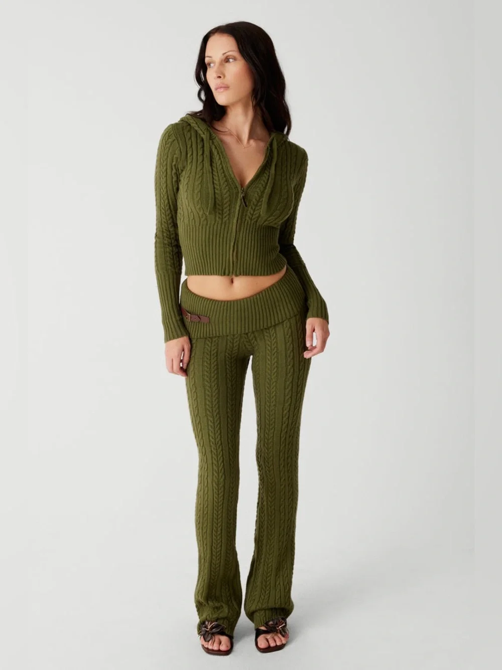 Frankie’s Bikinis Cable Cloud Knit Hoodie + Pant Set in Jade Green